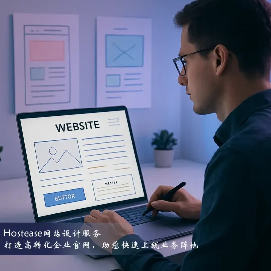 网页设计师在办公桌前搭建网站，屏幕展示可视化页面编辑界面