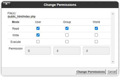 Change Permission in cPanel details