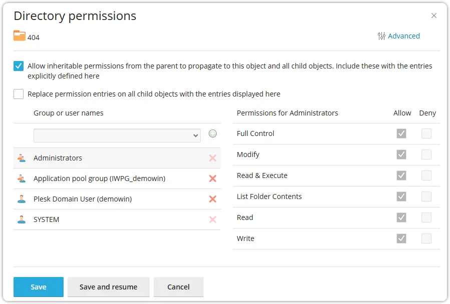 Change Permission in plesk details