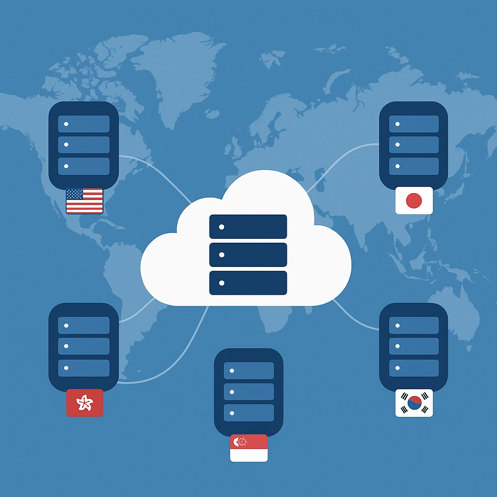 一张世界地图上显示五个国家的服务器图标通过白色连线连接到中央云服务器图标