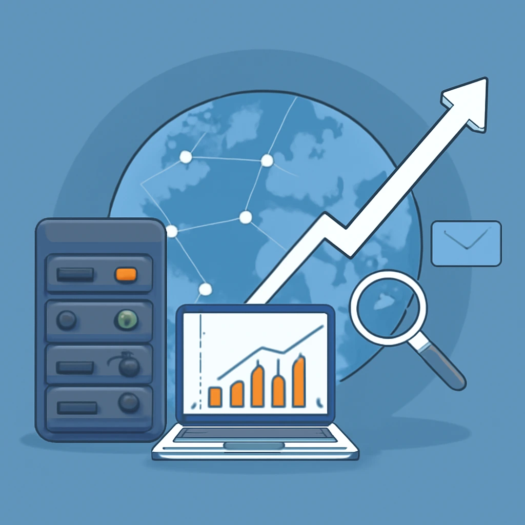 服务器与笔记本电脑前的全球网络连接与增长箭头图像