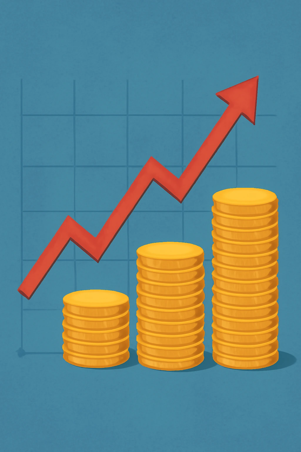 一张展示三组金币堆和红色上升箭头的插画，背景为蓝色网格