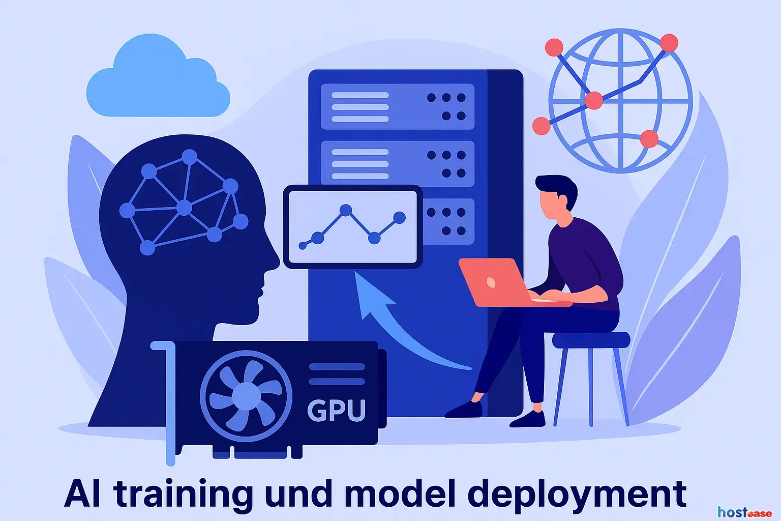 一位人物正操作笔记本电脑，身旁有服务器机柜、GPU显卡和抽象神经网络图，整体为现代数字风格。