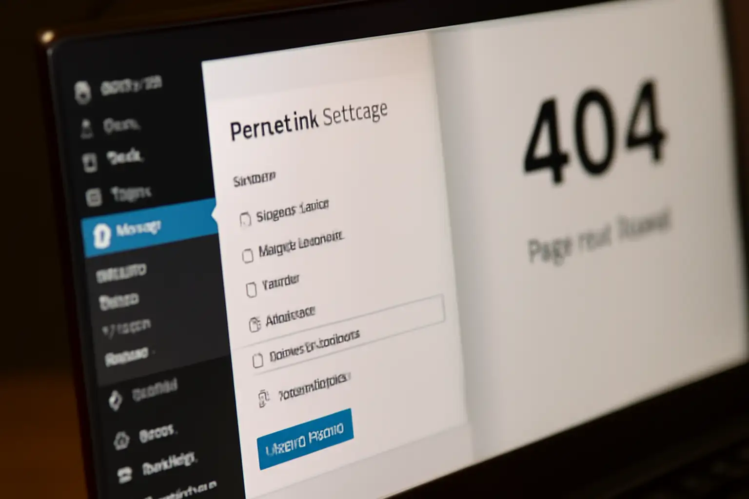 电脑屏幕上的WordPress后台界面，左侧为导航菜单，右侧显示404页面错误。