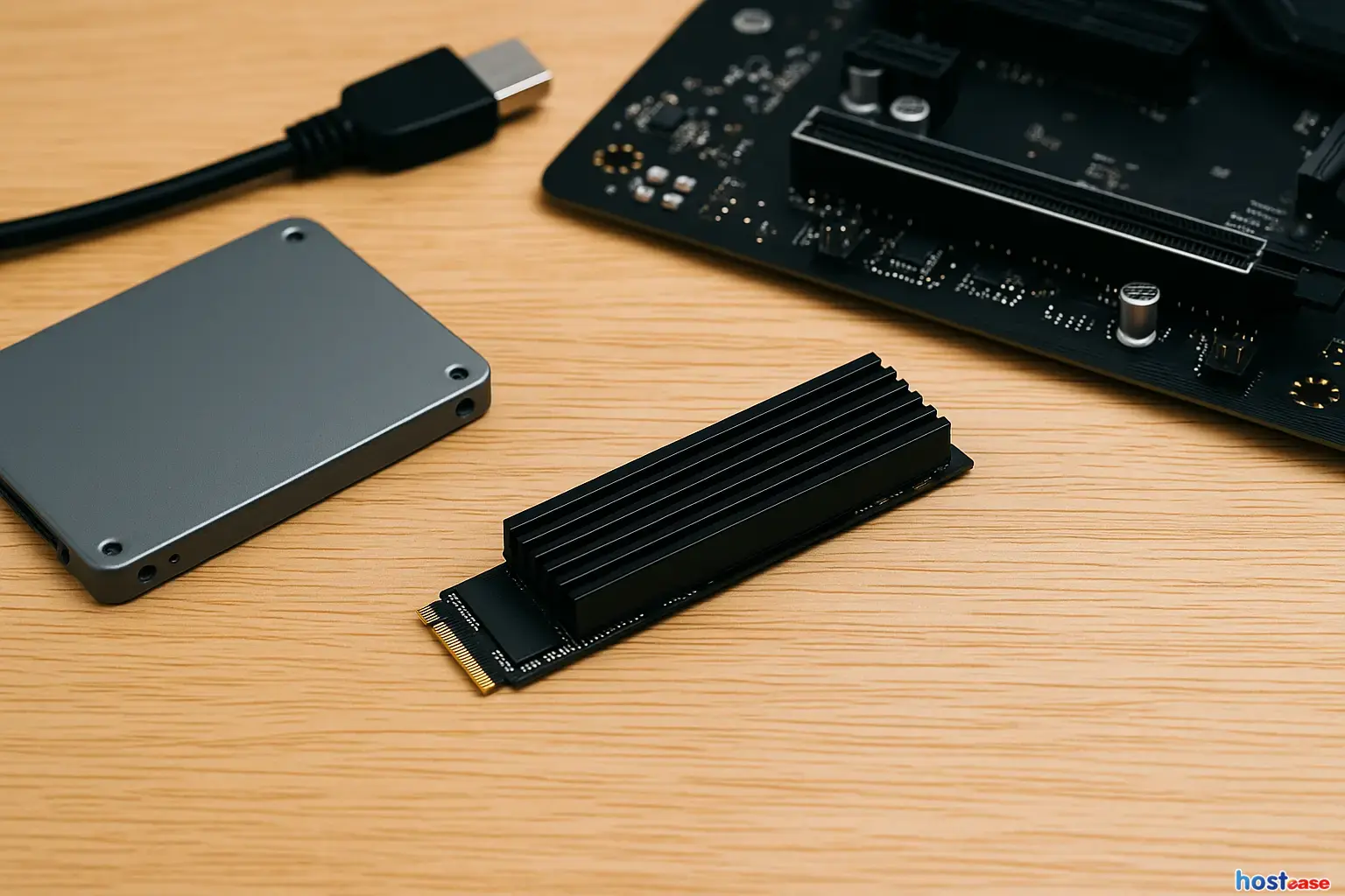 一张木纹桌面上的黑色PCIe固态硬盘，旁边放有灰色2.5英寸硬盘、USB数据线与主板边角。