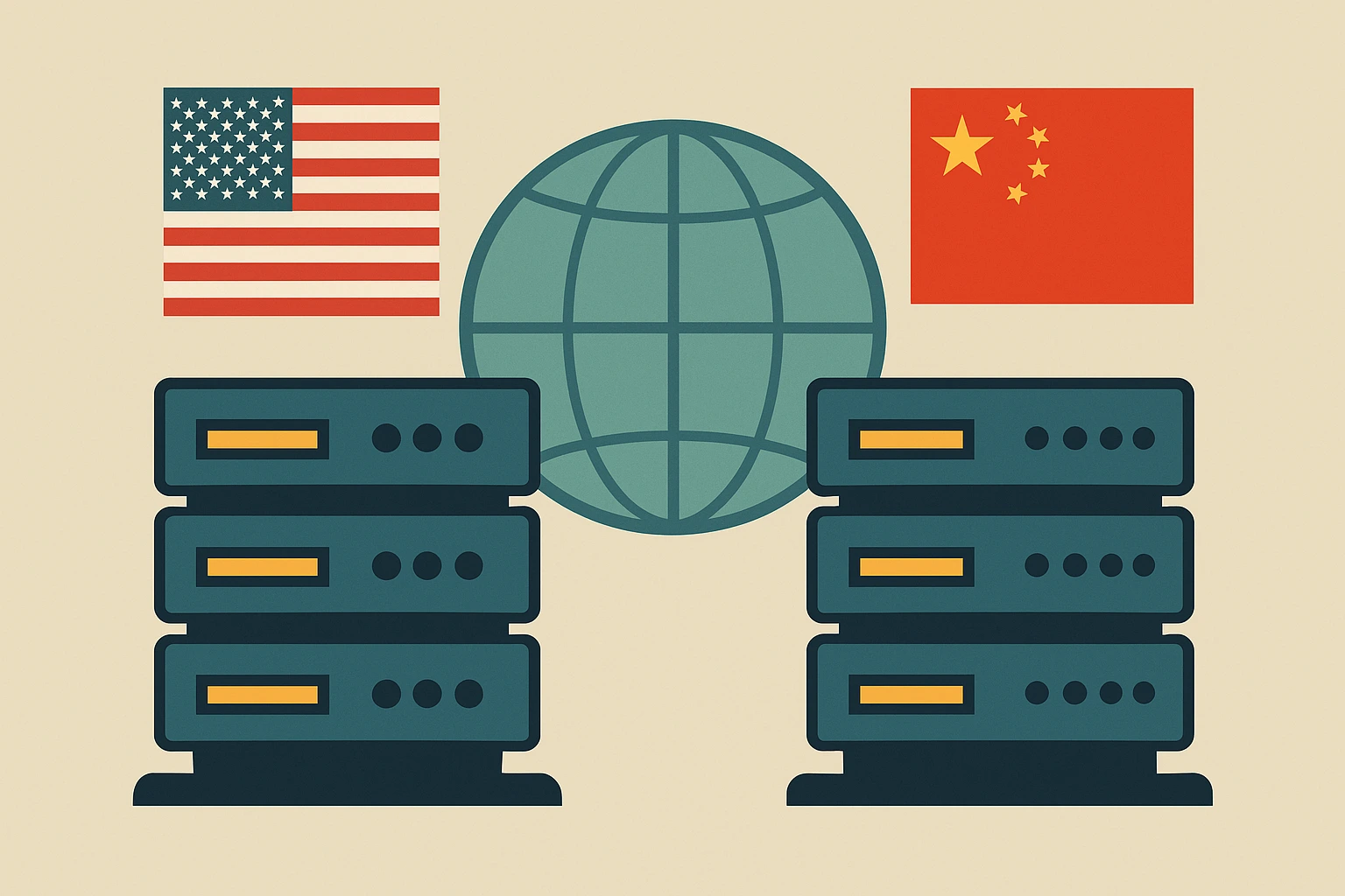 两组服务器机架分别位于美国和中国国旗下方，中央是一个抽象的地球图案
