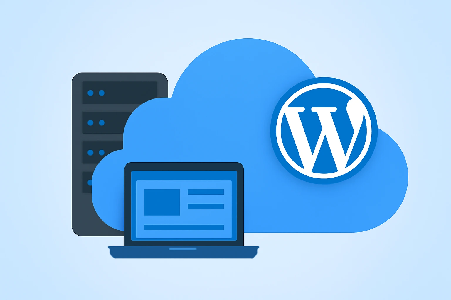蓝色背景上显示一台服务器、一个云图标、一台笔记本电脑和一个带圆形边框的“W”标志