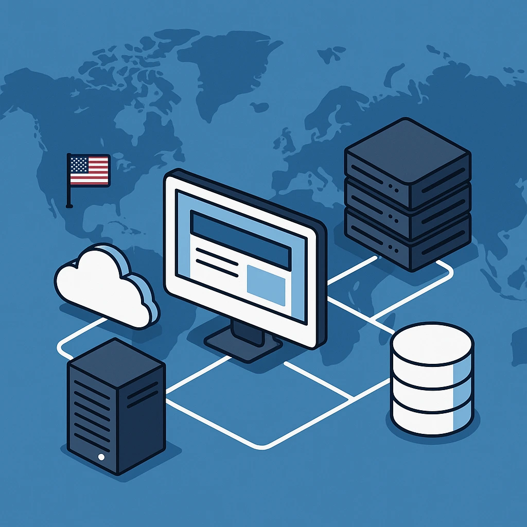 云服务器、数据库、计算机和美国国旗在全球地图背景上的等距图标组合
