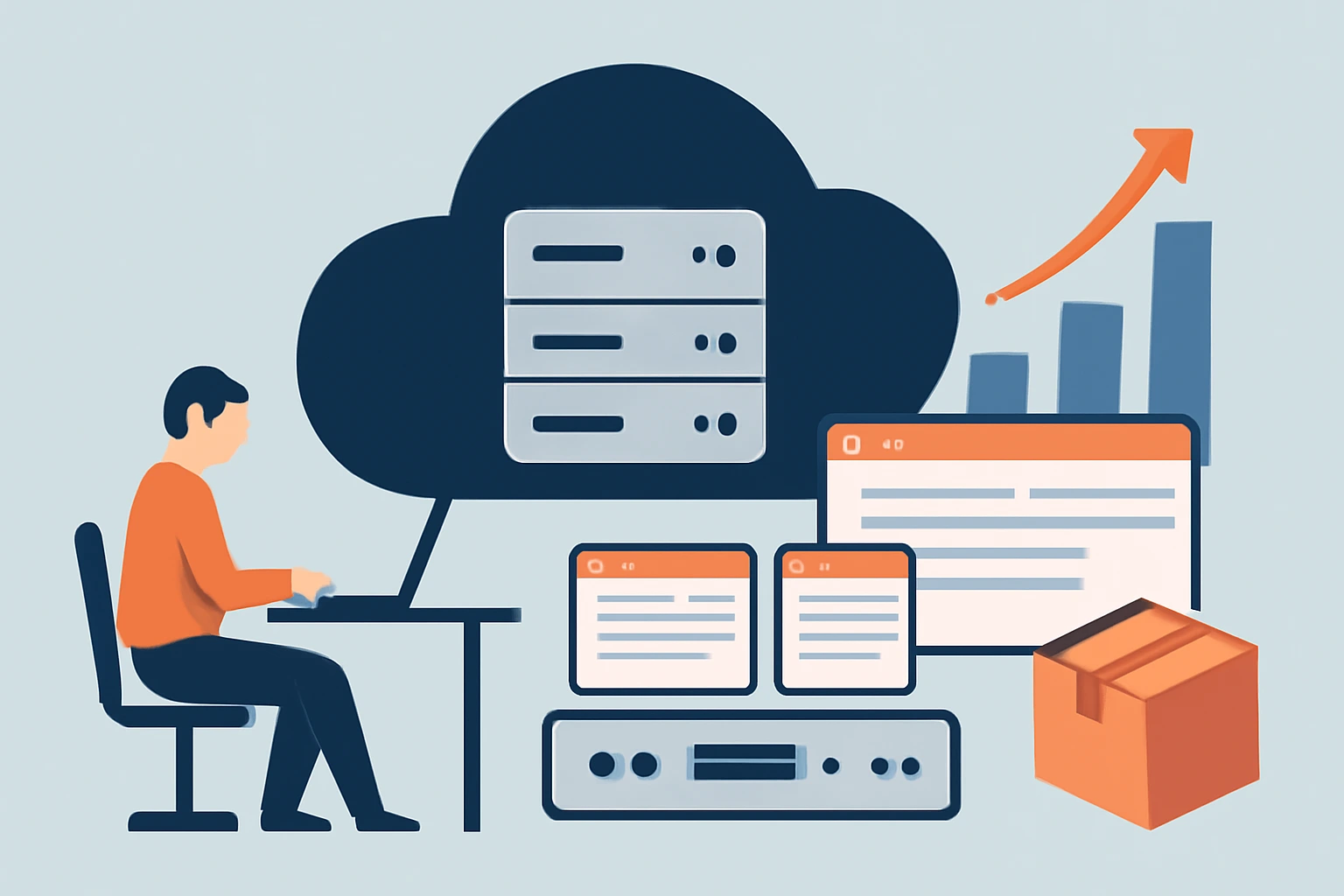 一位创业者在笔记本电脑前操作，背景为云端服务器图标及增长图表