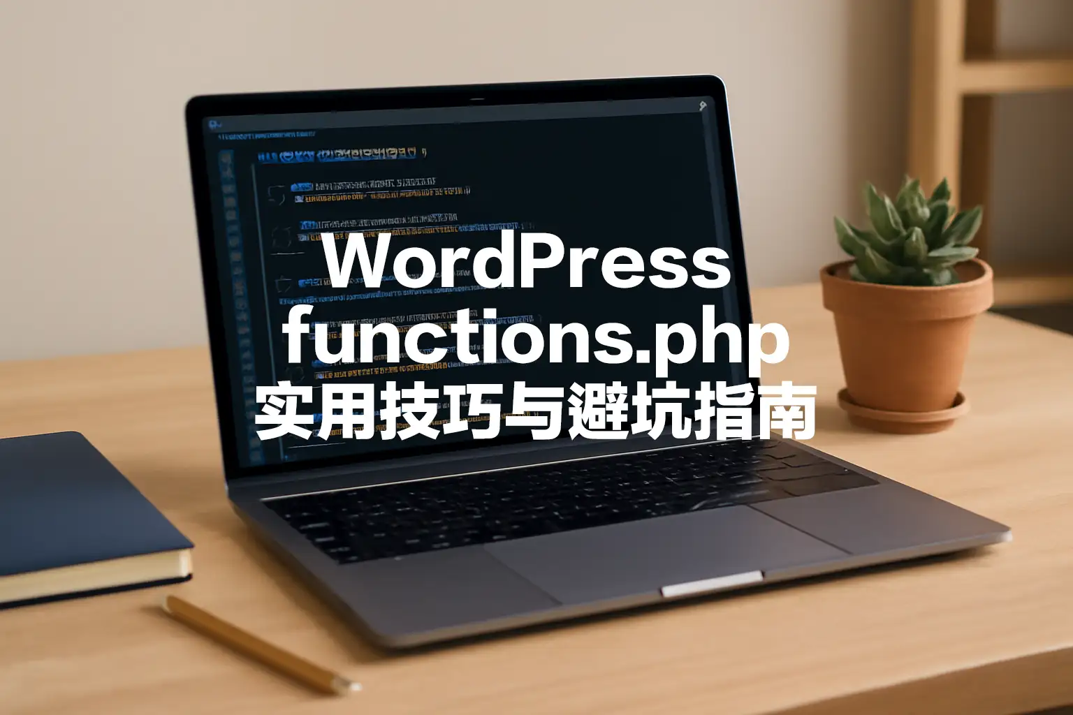 一台MacBook Pro笔记本电脑正摆放在浅色木质桌面上，屏幕显示代码编辑器，左侧有一本蓝色笔记本和一支铅笔，右侧有一盆多肉植物，背景为自然木色家具和浅色墙面。这张照片展示了一台笔记本电脑正在编写代码，桌面上有文具和绿色植物，环境简洁有序。