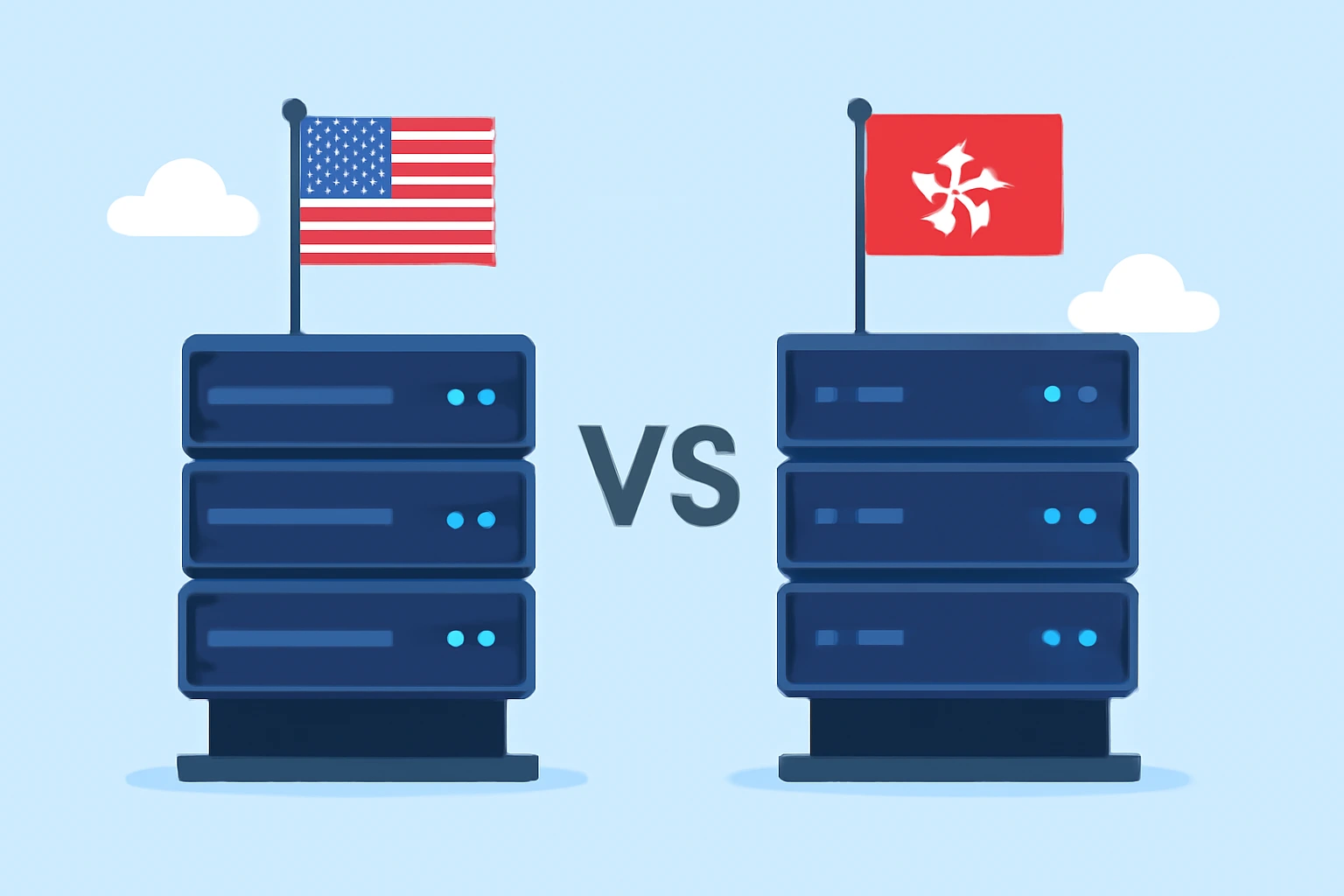 两组云服务器机架分别插有美国国旗和香港区旗，彼此对比，中间为“VS”字样，背景为浅蓝天空与白云。