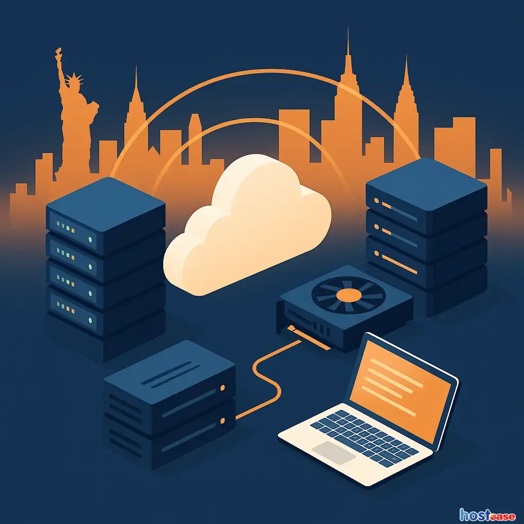 图中展示了带有GPU单元、服务器机架和笔记本电脑的云计算基础设施，背景为美国城市天际线