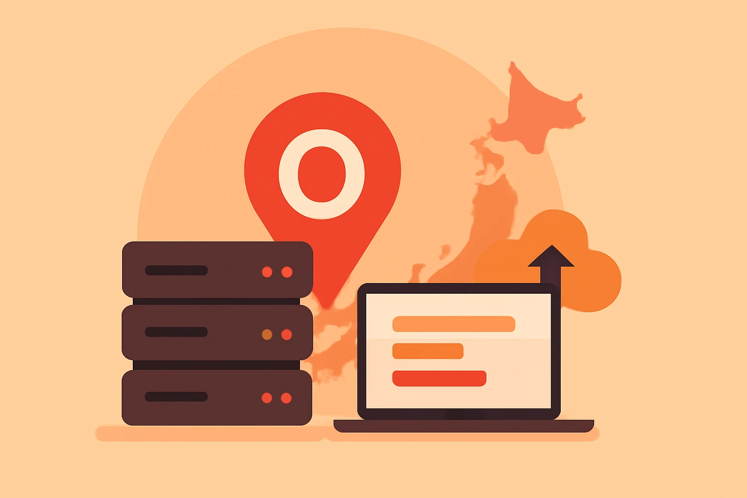 一组数据服务器、笔记本电脑、云图标与地图定位图钉出现在日本地图前方