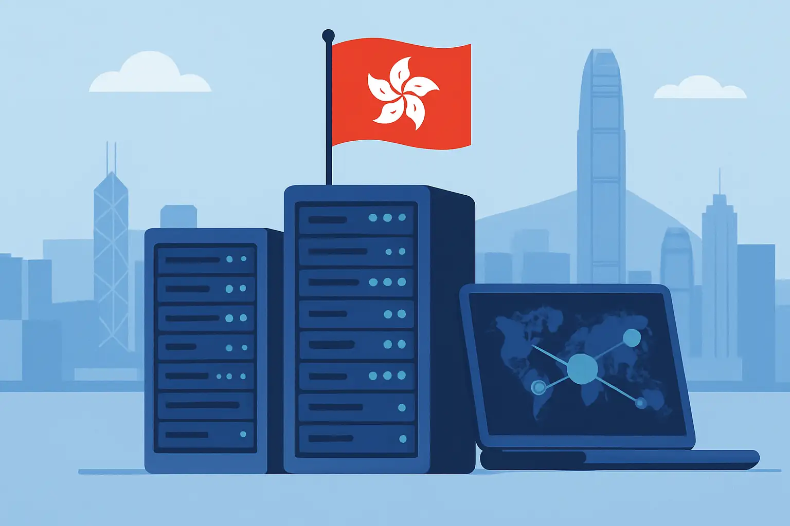 三台服务器设备与笔记本电脑置于香港城市背景前