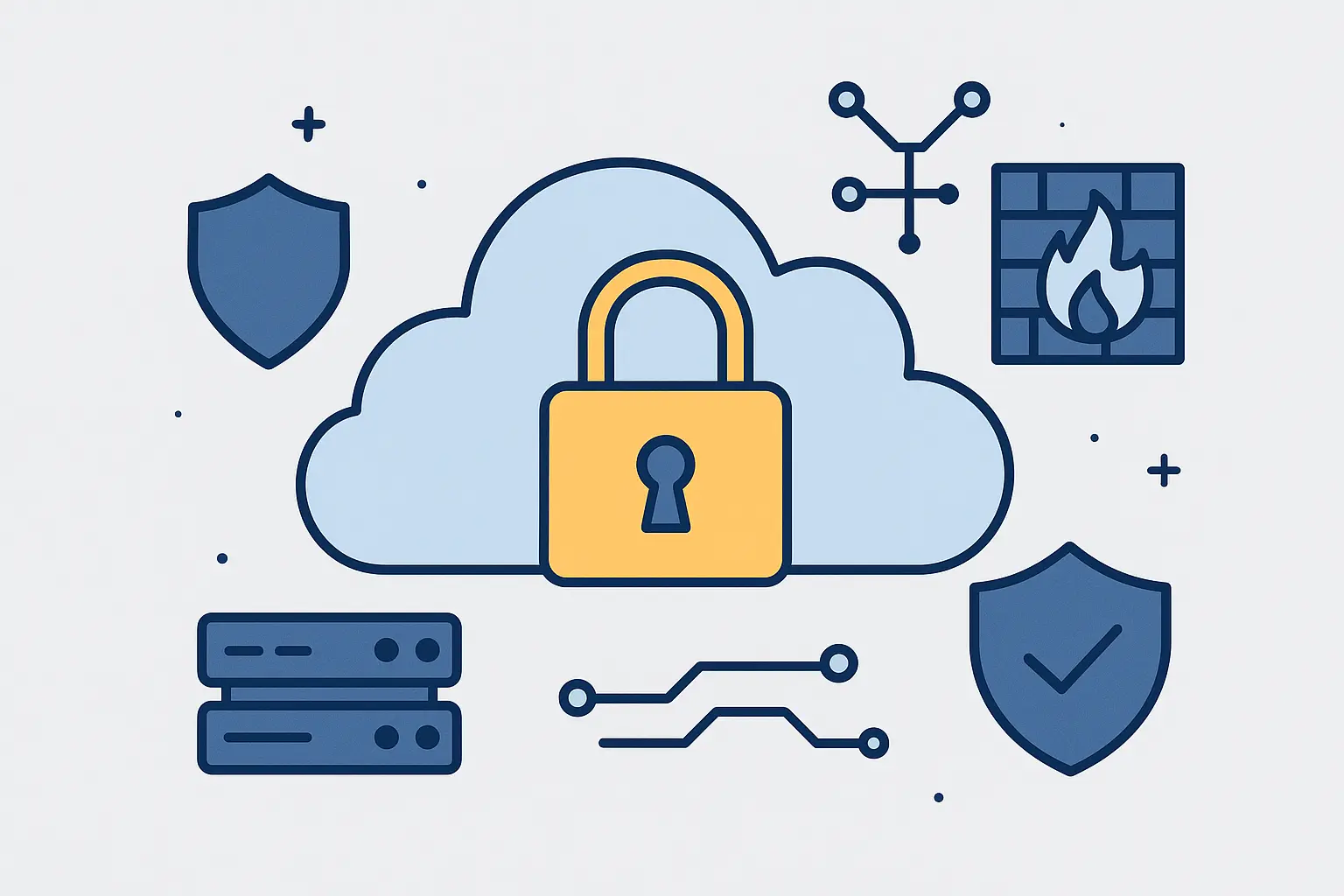 一朵淡蓝色云朵被金色挂锁图标覆盖，周围环绕着盾牌、防火墙、服务器、网络线路等图标