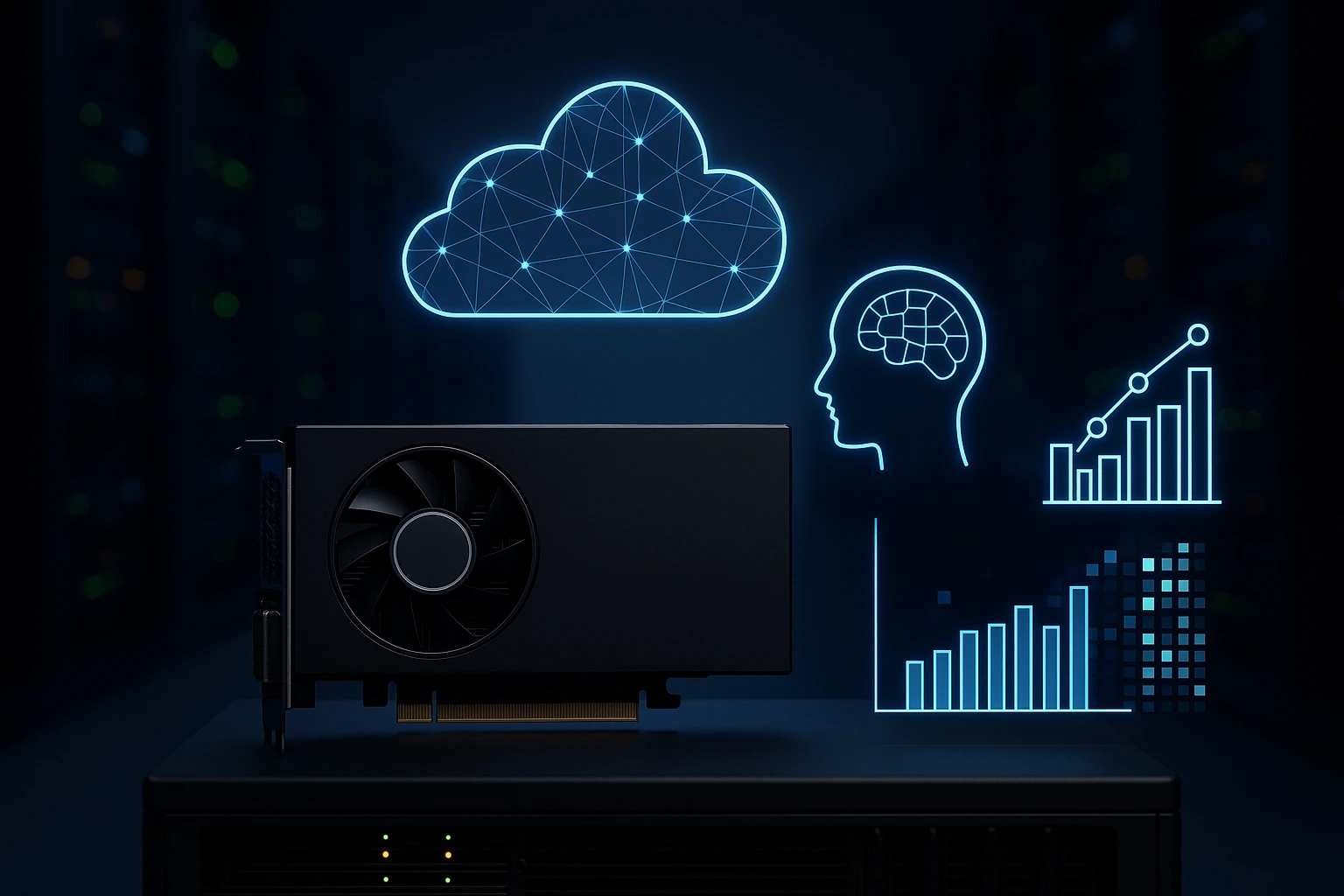 一块现代GPU显卡置于服务器设备上，背景为数据中心机架，前方悬浮有AI、云计算与数据可视化的蓝色全息图标