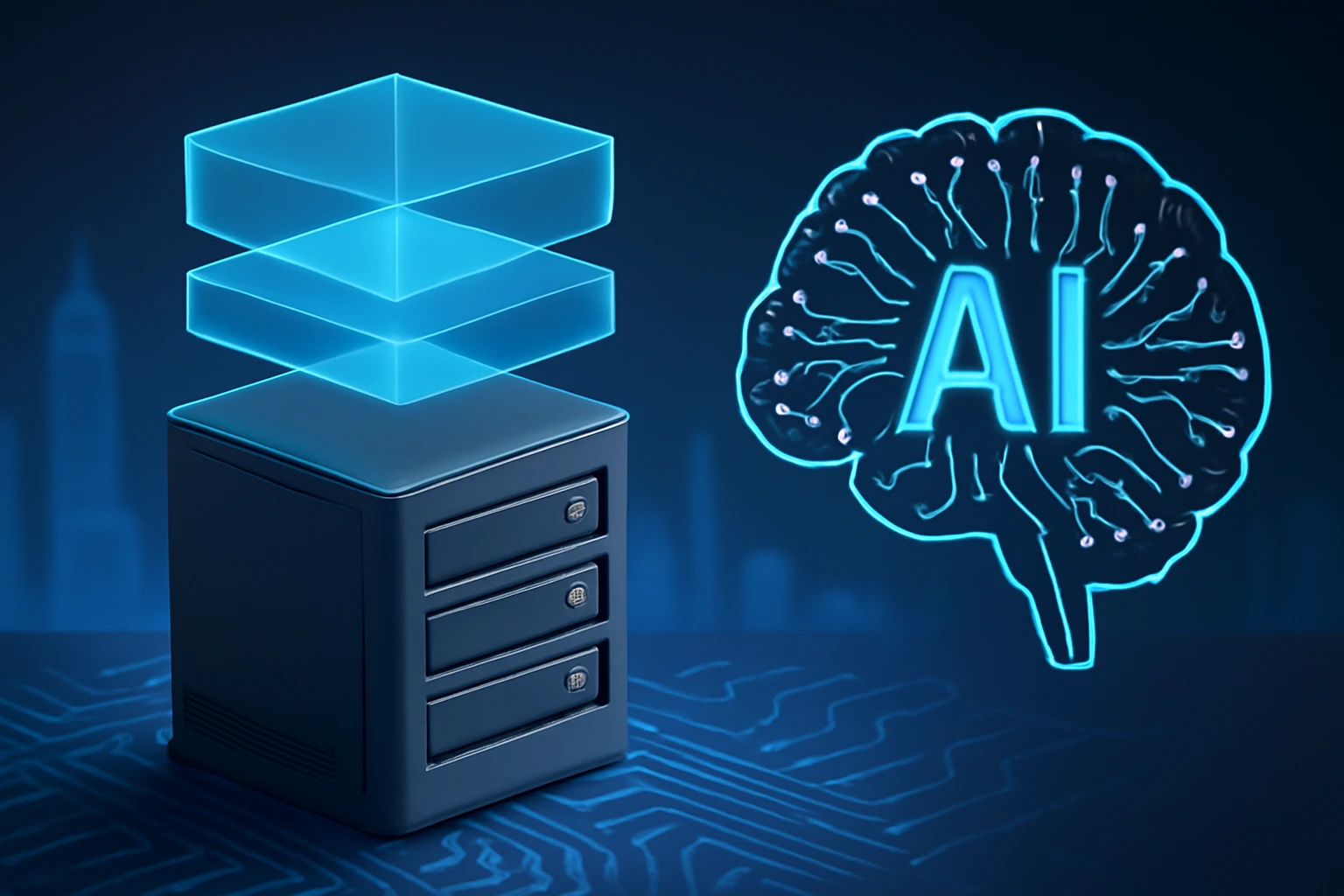 一台3D服务器与虚拟化图层并列展示，右侧为电路风格的AI大脑图案，背景为蓝色科技城市剪影