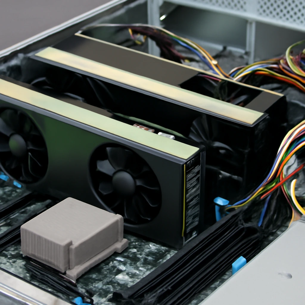 服务器内部展示两张高性能GPU和一颗CPU的特写视图