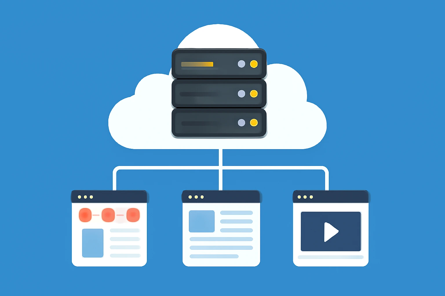 一台VPS服务器连接至三种网站类型图标，包括电商、博客和视频平台