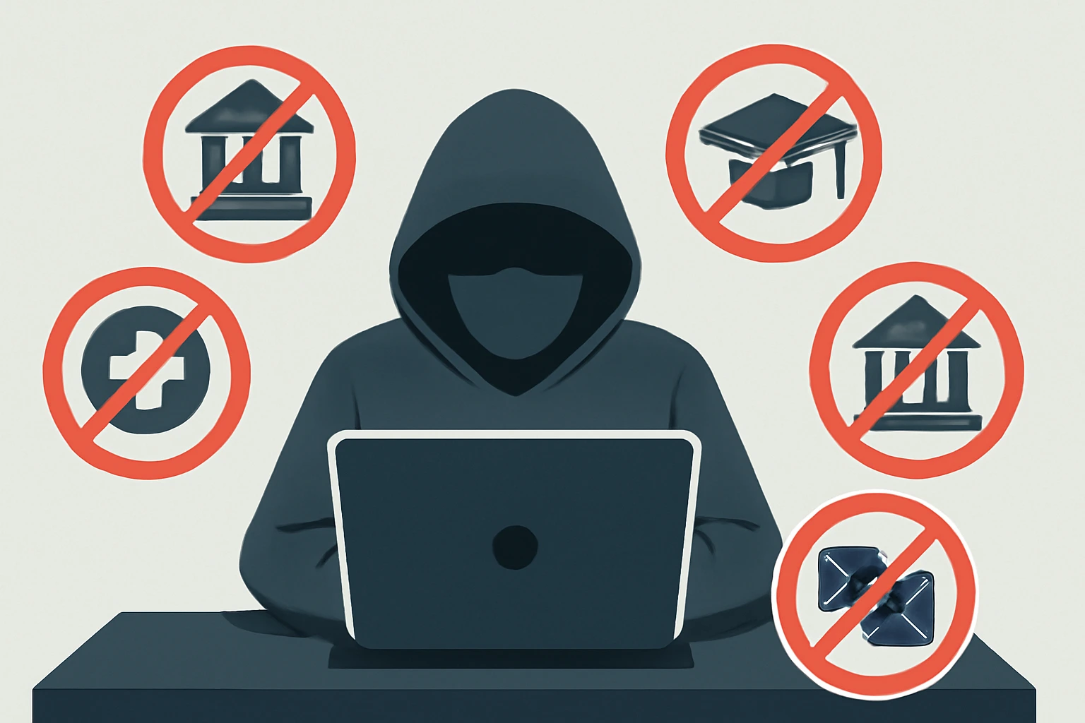 一位戴帽衫的匿名人物坐在电脑前，周围环绕着五个标有禁止符号的行业图标，包括金融、医疗、教育、政府和娱乐