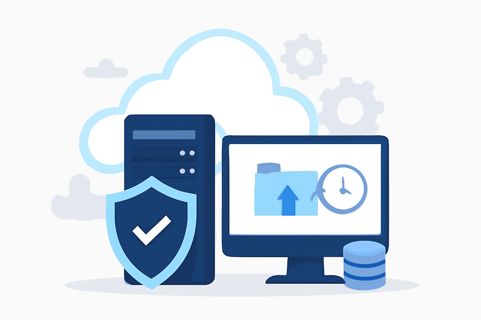 一幅扁平风格的插画，展示了云端服务器、带有勾选盾牌的安全图标、显示备份图标的电脑屏幕以及数据库图标，象征数据备份与恢复的自动化流程。