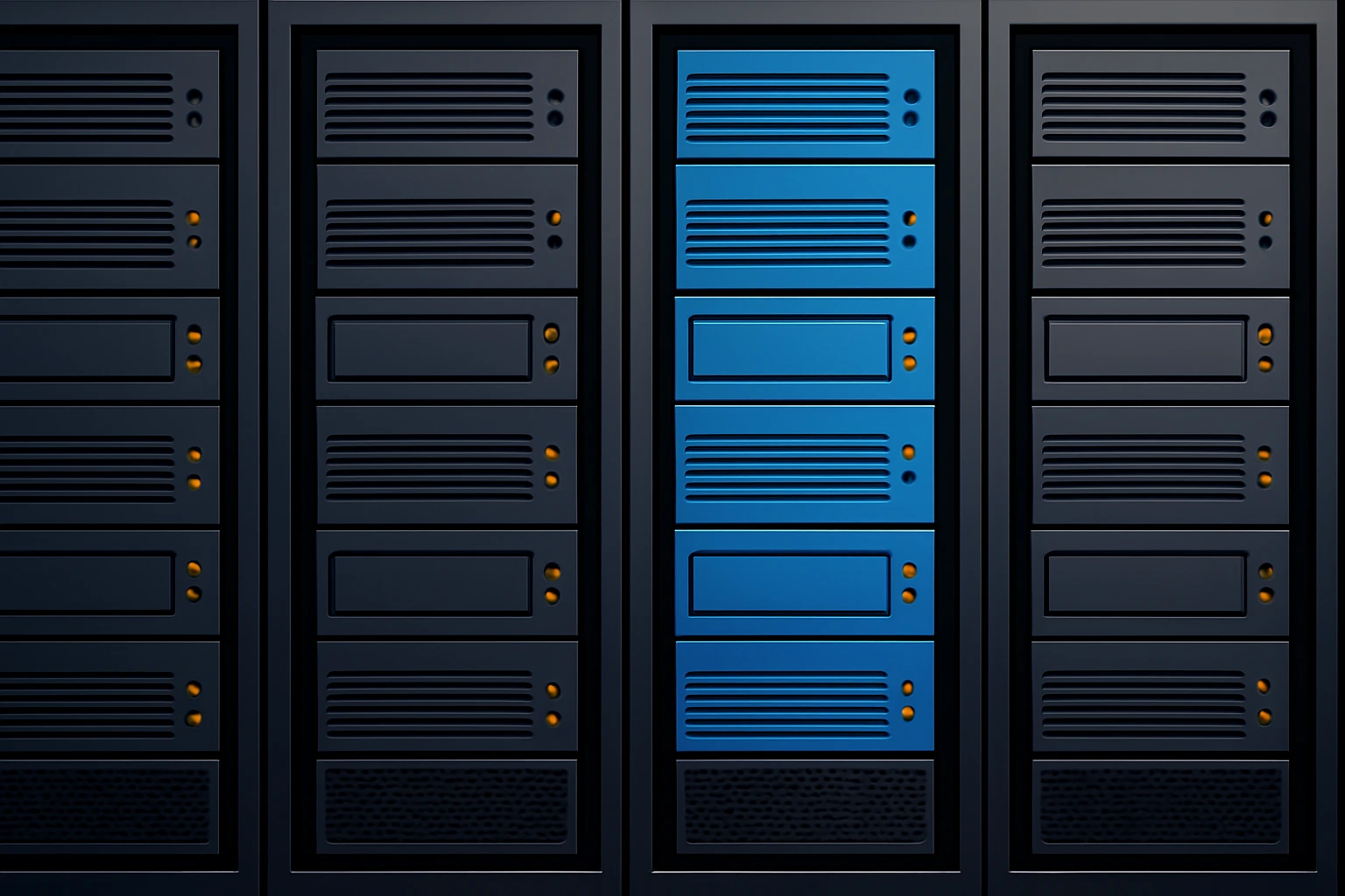 数据中心中一排服务器机架，其中一台蓝色服务器显眼地置于黑色服务器之间