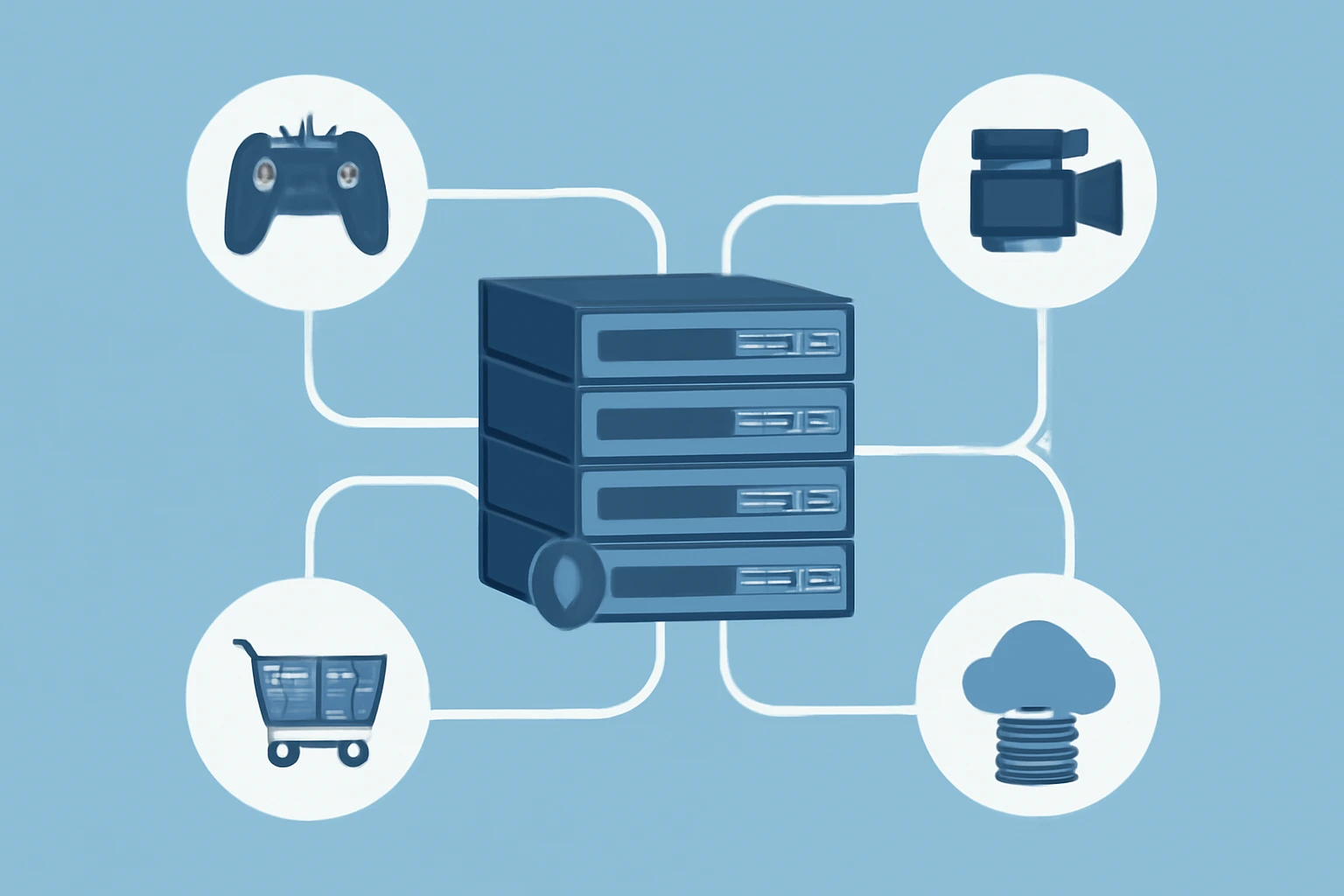 数据中心连接多行业图标的扁平插图