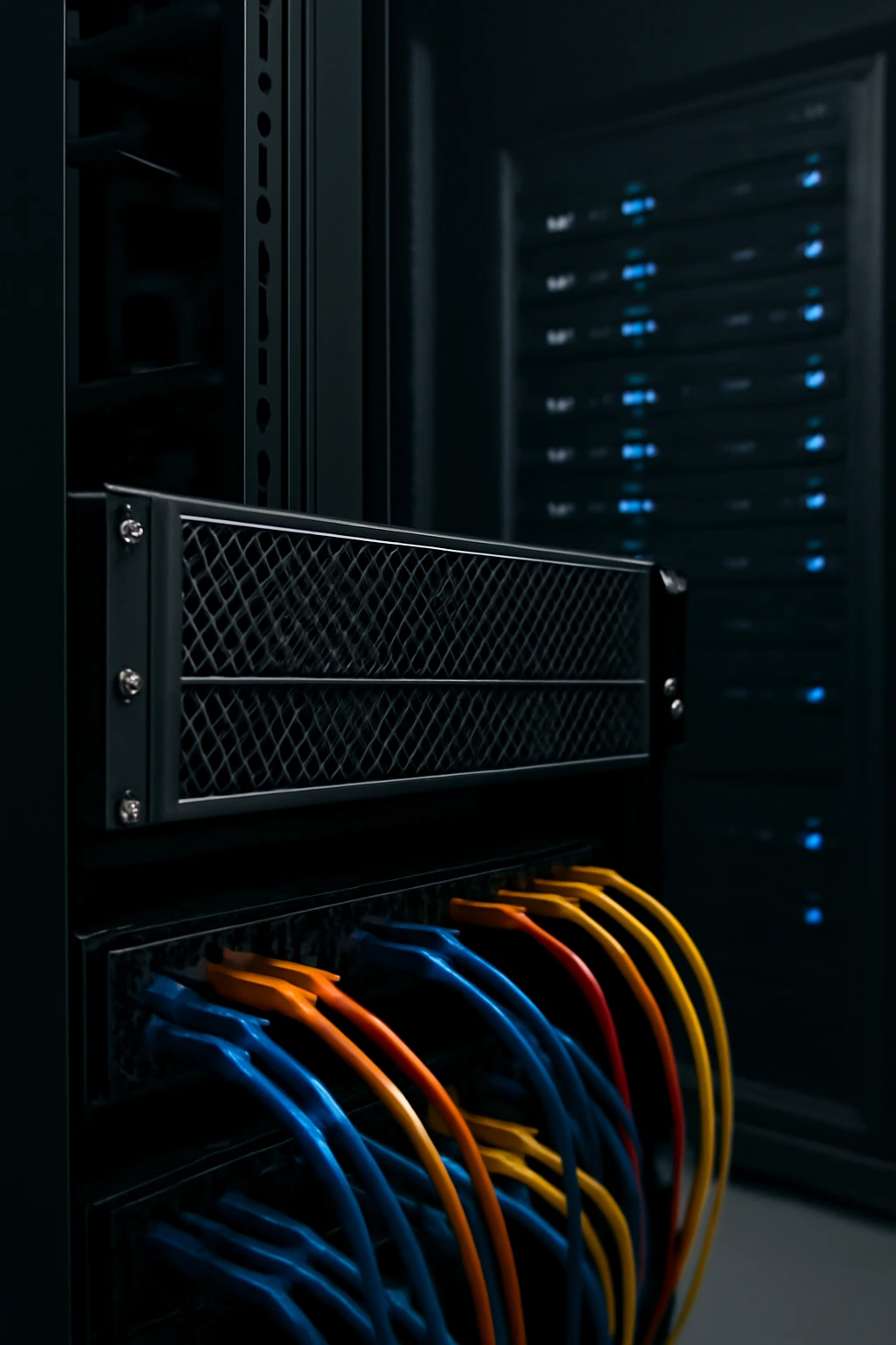 数据中心机架内的一台黑色服务器，连接着多条有色网线