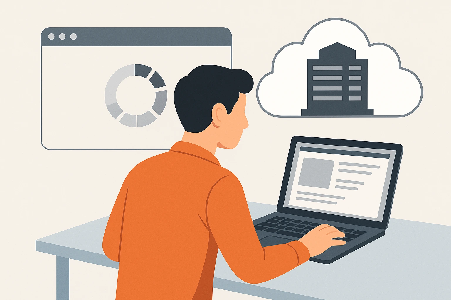 一名身穿橙色衬衫的男子坐在桌前使用笔记本电脑，背景显示浏览器加载图标和云端数据中心图标
