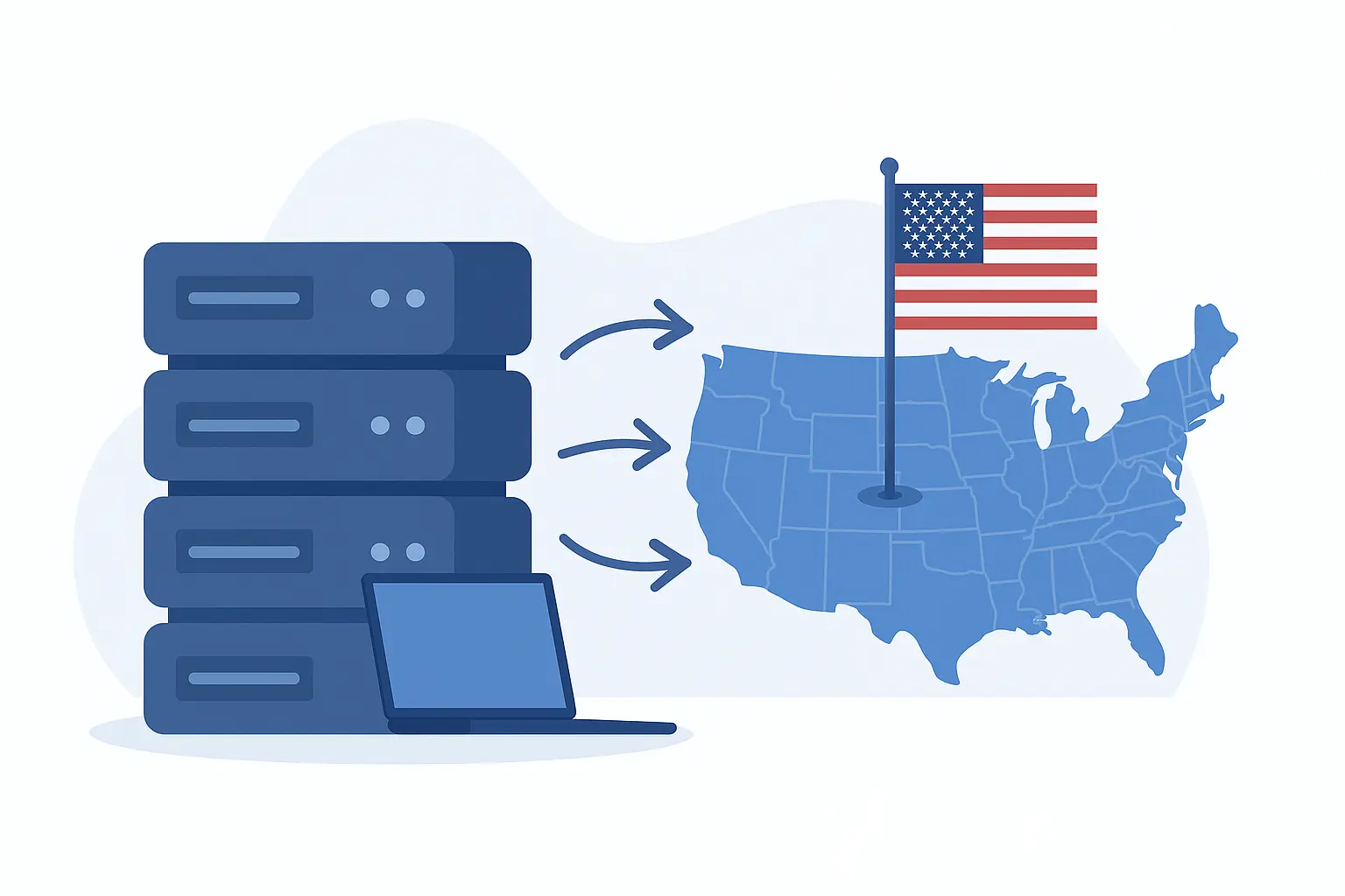 一组数据服务器连接至带有美国国旗的美国地图