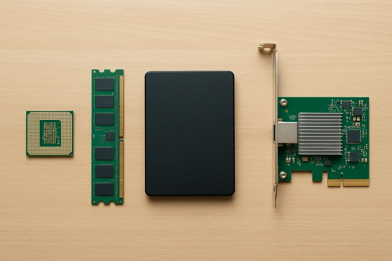 一组服务器核心硬件组件整齐排列在木质背景上，包括处理器、内存条、固态硬盘和网络接口卡。