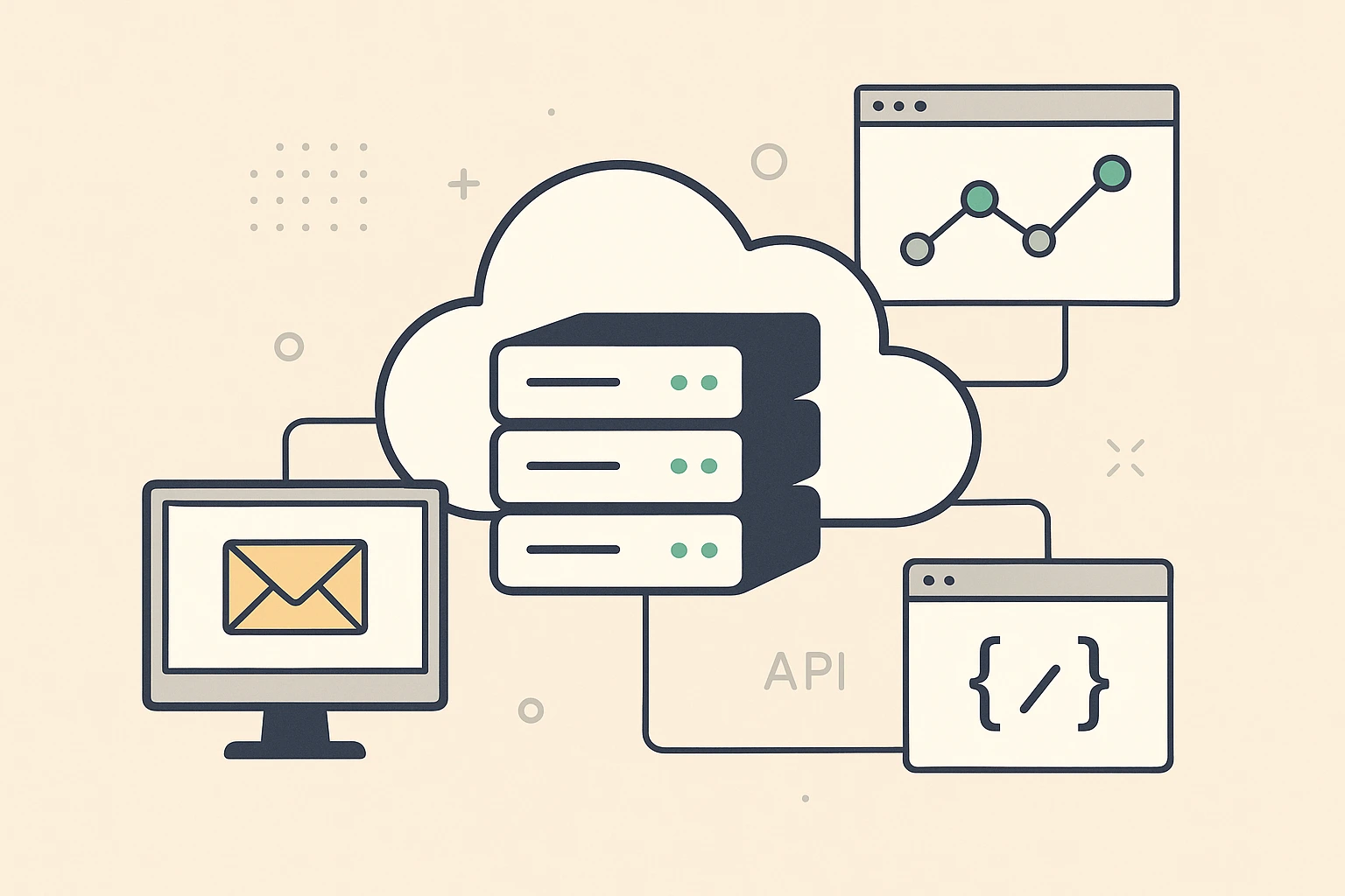 一朵中心内嵌服务器设备的白色云，连接着邮件图标、数据图表和代码接口图标