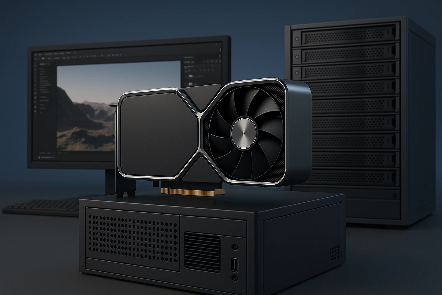 一张展示GPU硬件组件与服务器机箱的3D渲染图，背景中有显示器和服务器机架