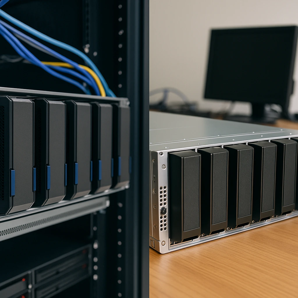 并列展示的两种服务器环境：左侧为安装在机柜中的GPU云服务器，右侧为放置在办公桌上的本地GPU服务器