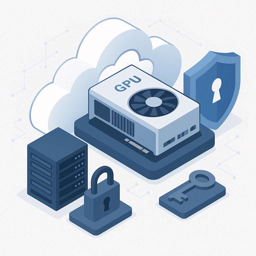 一块GPU设备置于云计算背景中，周围环绕着服务器机架、锁、钥匙和盾牌图标，象征安全和隔离