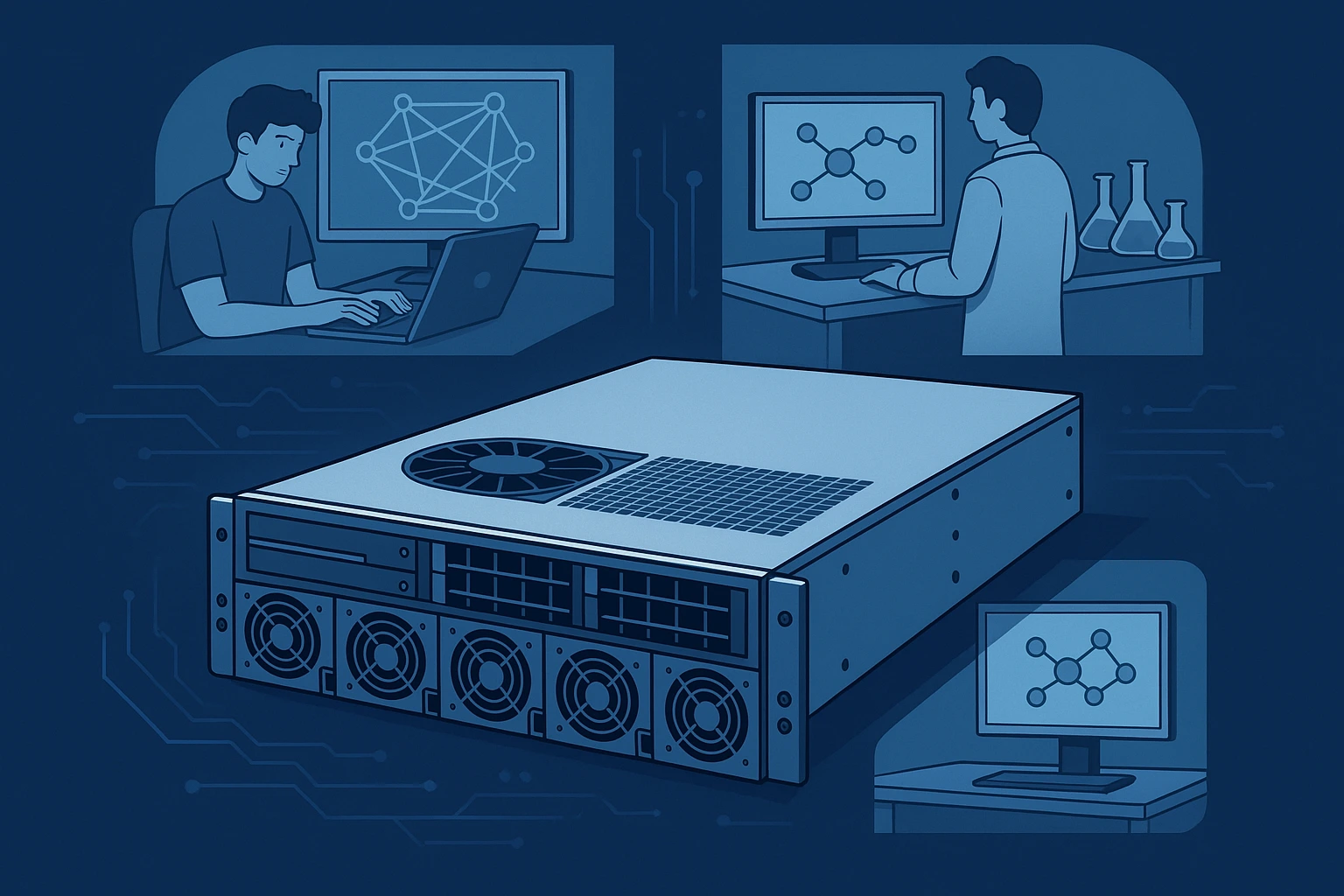 一台GPU服务器居中，四周展示AI建模、科学研究和图形渲染的场景