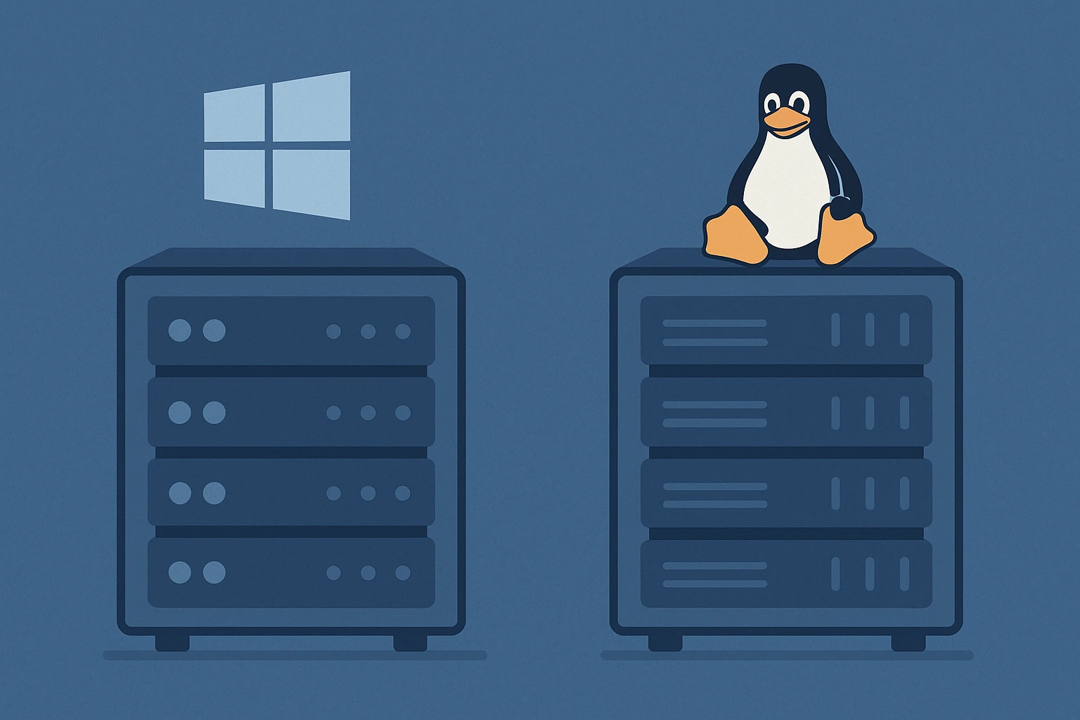 两台服务器机架并排而立，一侧顶部漂浮着Windows标志，另一侧则坐着Linux吉祥物Tux企鹅。