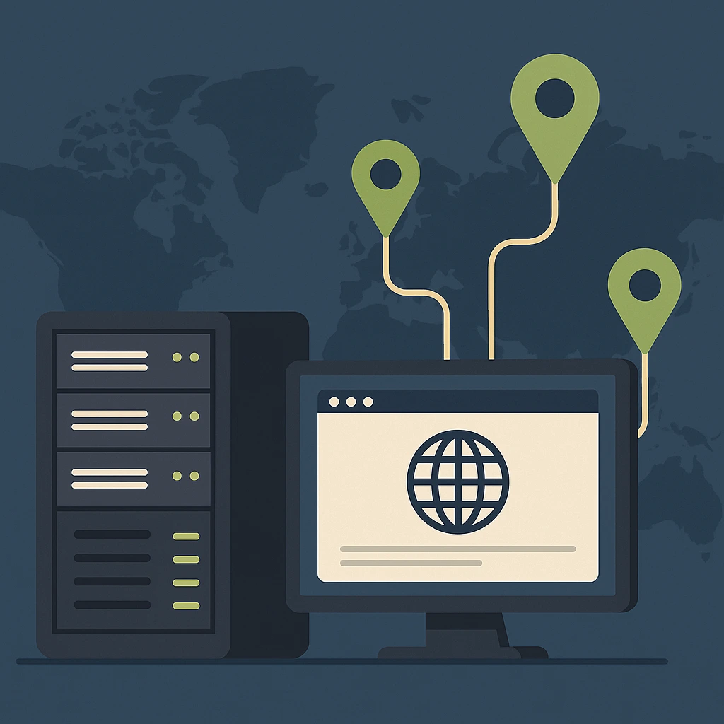 一组服务器与电脑显示器图标，显示多个地理定位图标连接在一起，背景为世界地图。