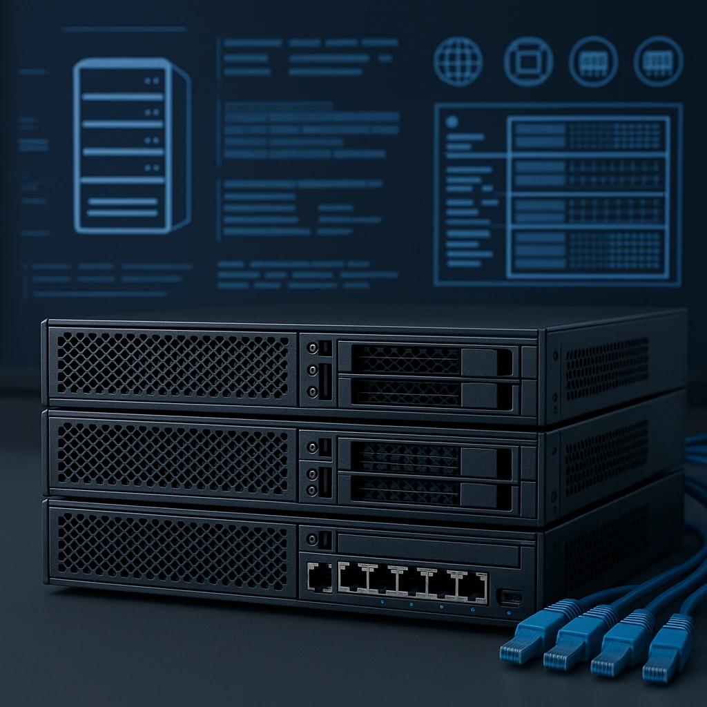 三台黑色机架式服务器叠放，前方配有八个以太网端口，旁边放置数条蓝色网线，背景为数据图形界面。