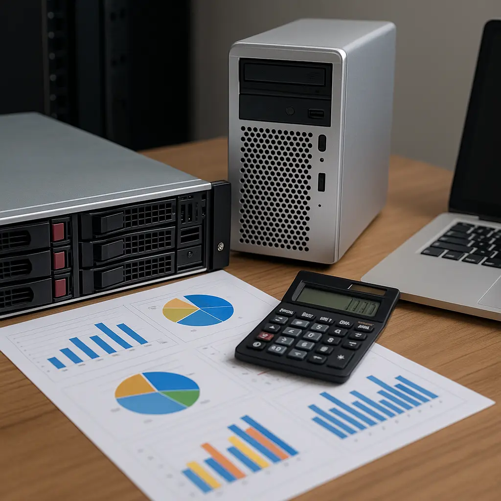 服务器设备、计算器和数据图表放置在办公桌上