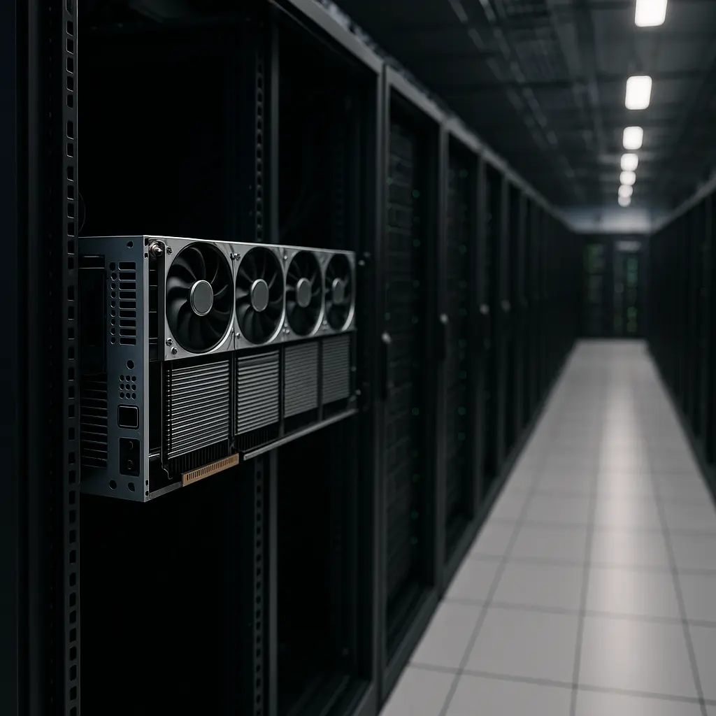 一台安装四张GPU卡的2U服务器半抽出于数据中心机架中