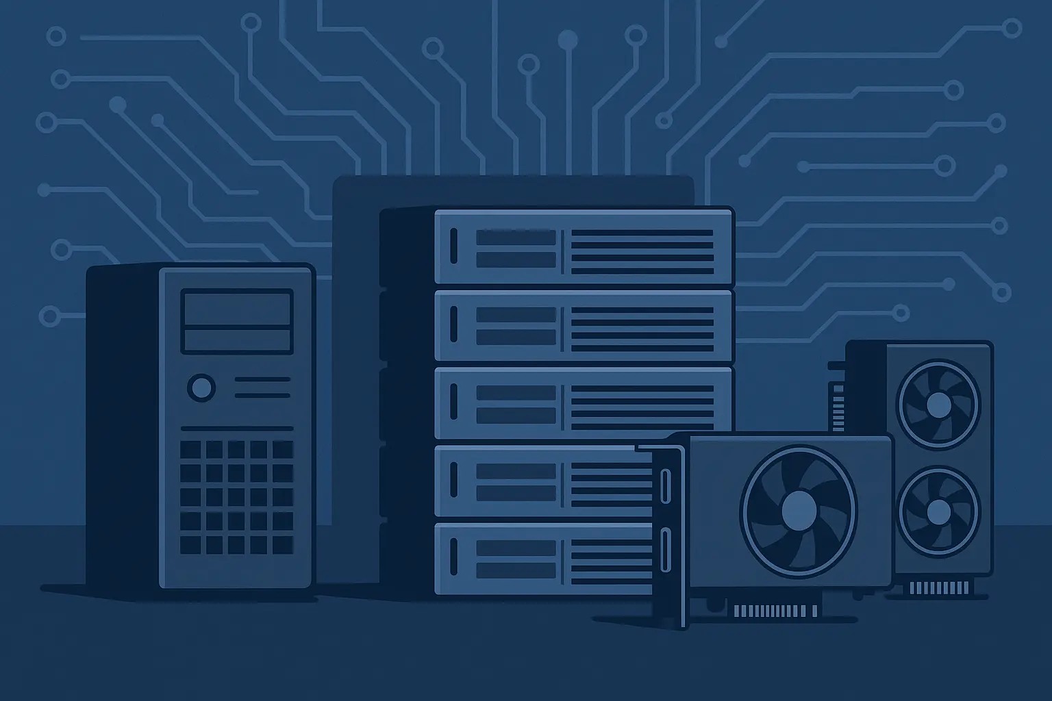 服务器硬件和GPU加速卡排列在蓝色电路板背景前