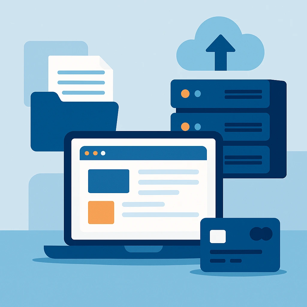 一台笔记本电脑前方放有支付卡片，背景为服务器机架、上传云图标和文件夹，构成简洁的网络托管场景插画