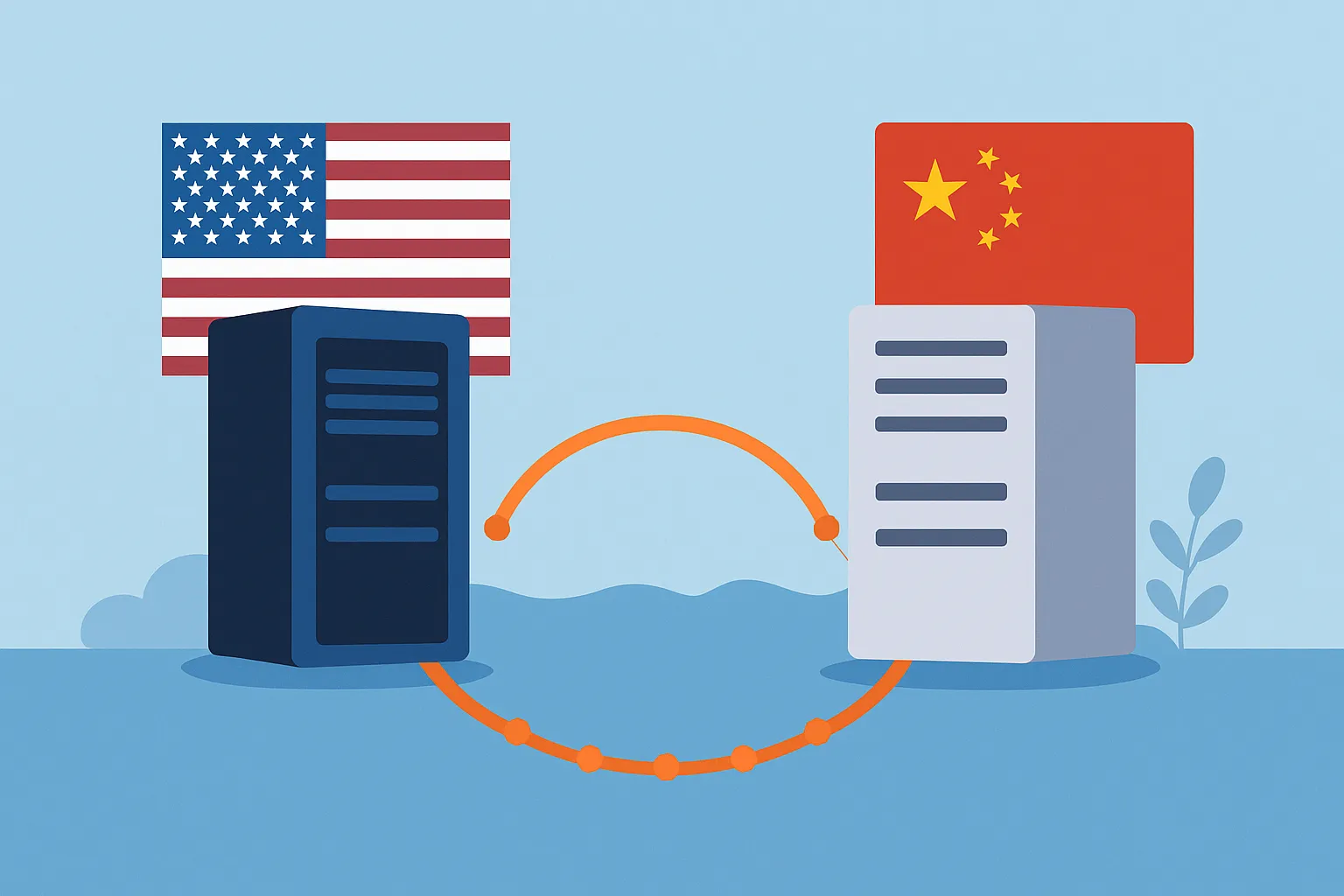 两台服务器通过海底光缆相连，背景分别是美国国旗和中国国旗。