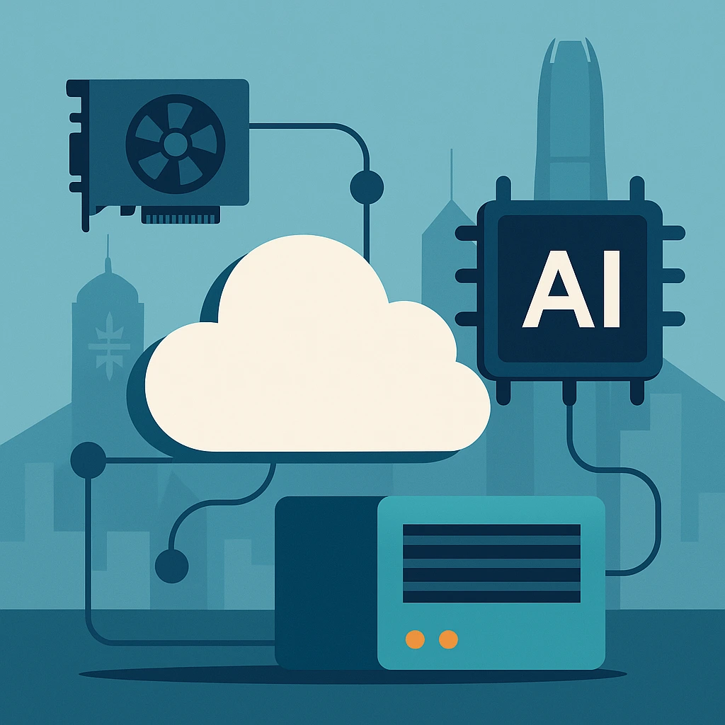 香港城市天际线背景下的云服务器、GPU卡和AI芯片图标，通过线缆相互连接，展现人工智能与云计算架构