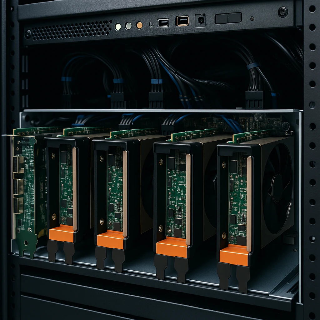 服务器机架中的四块GPU卡，整齐排列并连接到电源和主板