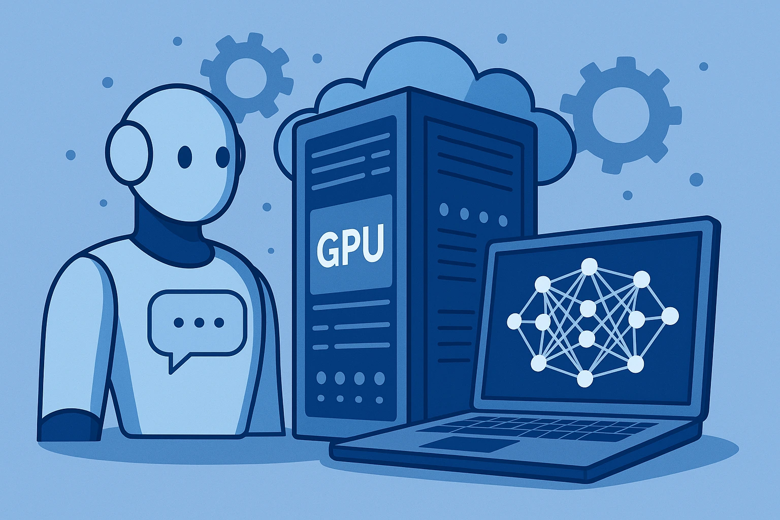 一台GPU服务器与一台显示神经网络结构图的笔记本电脑旁站立着一个机器人，背景为齿轮图形与云朵图案