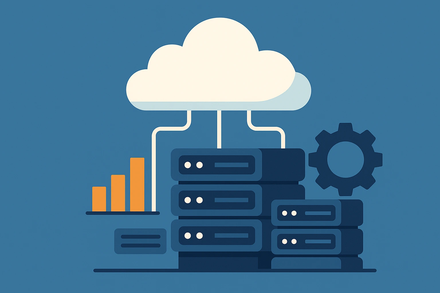 云端服务器图标上方连接着白色云朵图形，两侧为条形图与齿轮图标，背景为蓝色