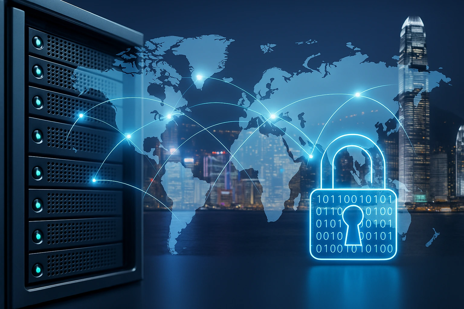 数据中心服务器与全球互联网络可视化，前景为带锁图标表示数据安全