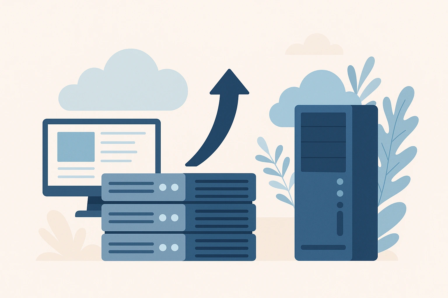 一组共享服务器与VPS主机之间的过渡示意图，中央箭头向右上指，象征升级路径。